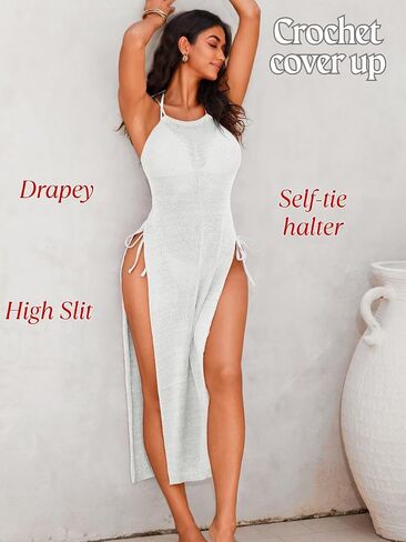 Crochet Cover Up Dress, Sexy Sheer High Slit Backless, Beach Pool Party, Knit Bikini Coverups for Women Maxi in Saudi Arabia