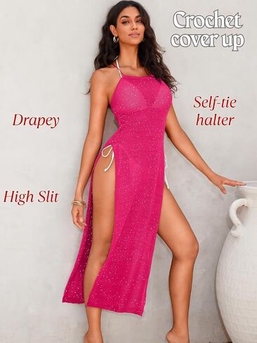 Crochet Cover Up Dress, Sexy Sheer High Slit Backless, Beach Pool Party, Knit Bikini Coverups for Women Maxi in Saudi Arabia
