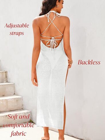 Crochet Cover Up Dress, Sexy Sheer High Slit Backless, Beach Pool Party, Knit Bikini Coverups for Women Maxi in Saudi Arabia