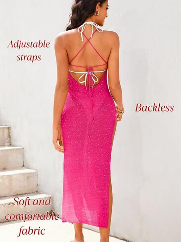 Crochet Cover Up Dress, Sexy Sheer High Slit Backless, Beach Pool Party, Knit Bikini Coverups for Women Maxi in Saudi Arabia