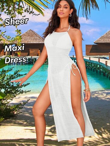 Crochet Cover Up Dress, Sexy Sheer High Slit Backless, Beach Pool Party, Knit Bikini Coverups for Women Maxi in Saudi Arabia