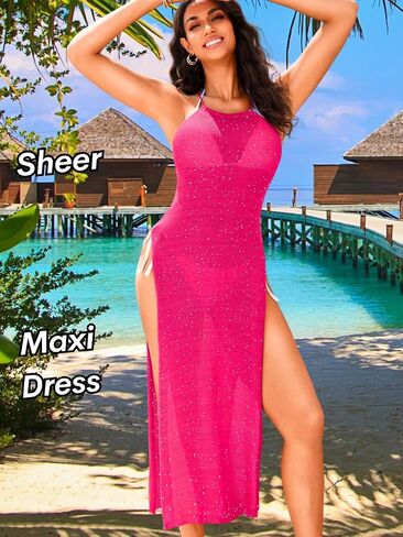 Crochet Cover Up Dress, Sexy Sheer High Slit Backless, Beach Pool Party, Knit Bikini Coverups for Women Maxi in Saudi Arabia