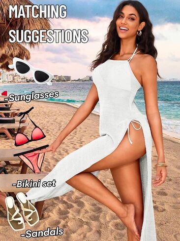 Crochet Cover Up Dress, Sexy Sheer High Slit Backless, Beach Pool Party, Knit Bikini Coverups for Women Maxi in Saudi Arabia