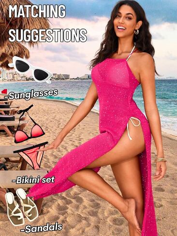 Crochet Cover Up Dress, Sexy Sheer High Slit Backless, Beach Pool Party, Knit Bikini Coverups for Women Maxi in Saudi Arabia