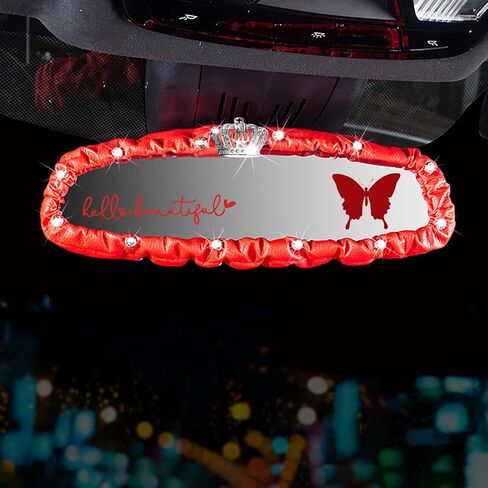 Dotesy 3 PCS Bling Bling Rearview Mirror Cover, Elastic PU Leather Auto Rear View Mirror Protector with Butterfly Car Interior Accessories Universal Fit Women Car Decors (Purple) in Kuwait