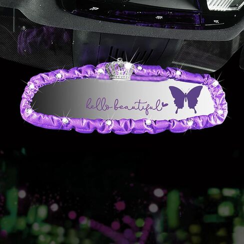 Dotesy 3 PCS Bling Bling Rearview Mirror Cover, Elastic PU Leather Auto Rear View Mirror Protector with Butterfly Car Interior Accessories Universal Fit Women Car Decors (Purple) in Kuwait
