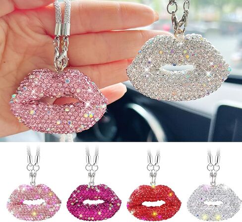 Bling Lip Diamond Car Hanging ، Crystal Rinestones Auto View View View Mirror Charms ، محظوظات محظوظات إكسسوارات زخرفة القلادة الداخلية ، Universal لشاحنة سيدان سيارات الدفع الرباعي (Rose Red) in Saudi Arabia