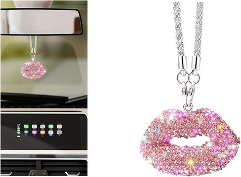 Bling Lip Diamond Car Hanging ، Crystal Rinestones Auto View View View Mirror Charms ، محظوظات محظوظات إكسسوارات زخرفة القلادة الداخلية ، Universal لشاحنة سيدان سيارات الدفع الرباعي (Rose Red) in Saudi Arabia