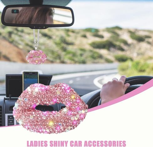 Bling Lip Diamond Car Hanging ، Crystal Rinestones Auto View View View Mirror Charms ، محظوظات محظوظات إكسسوارات زخرفة القلادة الداخلية ، Universal لشاحنة سيدان سيارات الدفع الرباعي (Rose Red) in Saudi Arabia