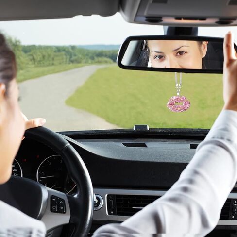 Bling Lip Diamond Car Hanging ، Crystal Rinestones Auto View View View Mirror Charms ، محظوظات محظوظات إكسسوارات زخرفة القلادة الداخلية ، Universal لشاحنة سيدان سيارات الدفع الرباعي (Rose Red) in Saudi Arabia