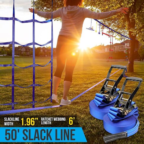 دورة عوائق النينجا Slackline بطول 50 قدمًا من SereneLife - صالة ألعاب رياضية خارجية في الغابة مع سلم حبل وملحقات التسلق وملحقاتها للأطفال، سعة تصل إلى 300 رطل، ألوان متنوعة in Kuwait