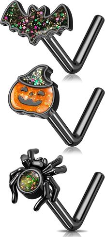 MeIighting 3PCS 20G Black Nose Studs L-shaped, 7mm Halloween Nostril Piercing Jewelry, 316L Stainless Steel Bat Spider Pumpkin Nose Rings for Women in Saudi Arabia