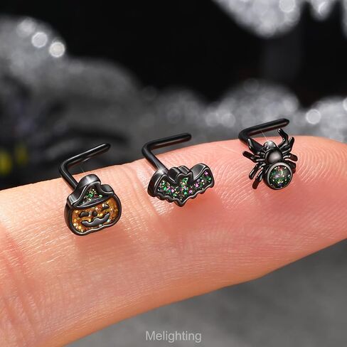 MeIighting 3PCS 20G Black Nose Studs L-shaped, 7mm Halloween Nostril Piercing Jewelry, 316L Stainless Steel Bat Spider Pumpkin Nose Rings for Women in Saudi Arabia