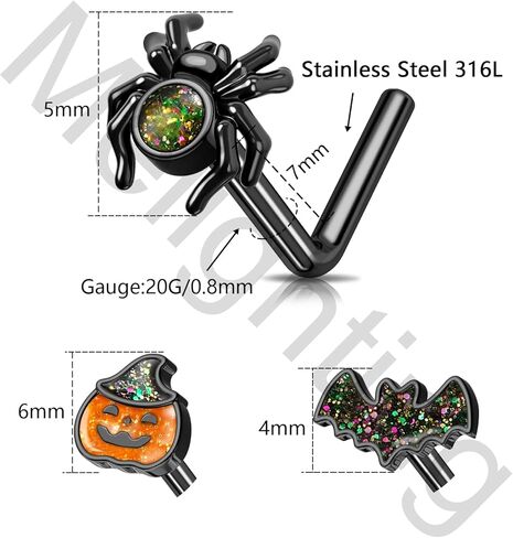 MeIighting 3PCS 20G Black Nose Studs L-shaped, 7mm Halloween Nostril Piercing Jewelry, 316L Stainless Steel Bat Spider Pumpkin Nose Rings for Women in Saudi Arabia
