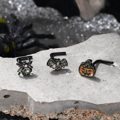 MeIighting 3PCS 20G Black Nose Studs L-shaped, 7mm Halloween Nostril Piercing Jewelry, 316L Stainless Steel Bat Spider Pumpkin Nose Rings for Women in Saudi Arabia