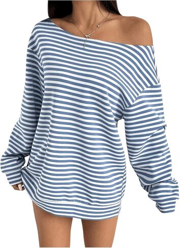 MakeMeChic Women's Striped Off the Shoulder Sweatshirt Long Sleeve Oversized Pullover Top in Saudi Arabia
