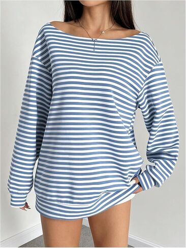 MakeMeChic Women's Striped Off the Shoulder Sweatshirt Long Sleeve Oversized Pullover Top in Saudi Arabia