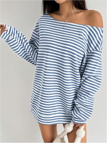 MakeMeChic Women's Striped Off the Shoulder Sweatshirt Long Sleeve Oversized Pullover Top in Saudi Arabia