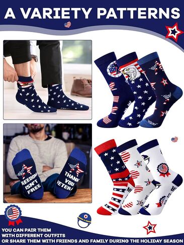 6 Pairs American Flag Socks for Men 4th of July Novelty Patriotic Stars Red White and Blue Stripes Socks for Independence Day Holidays Gifts in Saudi Arabia