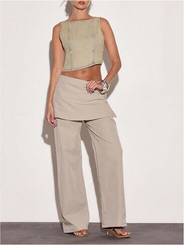 MakeMeChic Women's Wide Leg Pants Low Waist Trousers with Tie Side Skirt in Kuwait