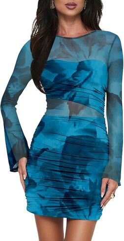 Women’s Long Sleeve Ruched Bodycon Mini Dress Sexy Mesh Printed Party Club Short Dress Clubwear in Kuwait
