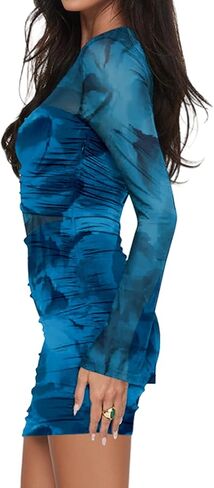 Women’s Long Sleeve Ruched Bodycon Mini Dress Sexy Mesh Printed Party Club Short Dress Clubwear in Kuwait