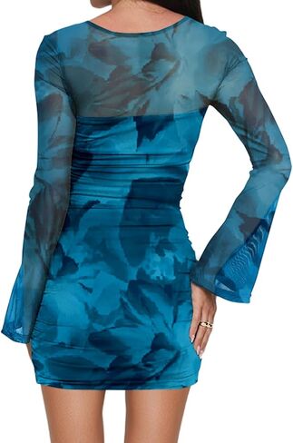 Women’s Long Sleeve Ruched Bodycon Mini Dress Sexy Mesh Printed Party Club Short Dress Clubwear in Kuwait