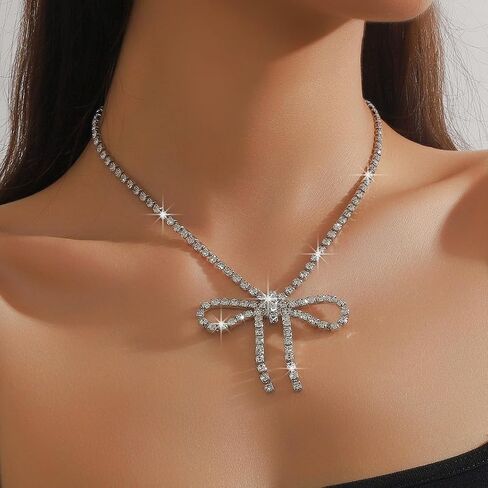 Unique Rhinestone Bow Pendant Bling Crystal Choker Pendant Necklace Chic Boho Bow Tie Necklace for Women Unisex,Cute Dainty CZ Y2K Necklace Statement Vintage Jewelry in Saudi Arabia