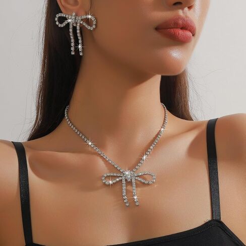 Unique Rhinestone Bow Pendant Bling Crystal Choker Pendant Necklace Chic Boho Bow Tie Necklace for Women Unisex,Cute Dainty CZ Y2K Necklace Statement Vintage Jewelry in Saudi Arabia