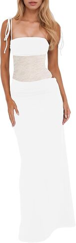 ISZPLUSH Women’s See Thorugh Mesh Spcling Maxi Dress Elegant Sleeveless High Waist Fold Slim Fit Holidady Party Long Dresses in Kuwait