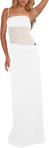 ISZPLUSH Women’s See Thorugh Mesh Spcling Maxi Dress Elegant Sleeveless High Waist Fold Slim Fit Holidady Party Long Dresses in Kuwait