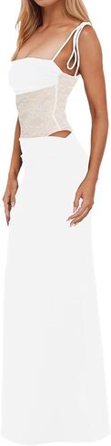 ISZPLUSH Women’s See Thorugh Mesh Spcling Maxi Dress Elegant Sleeveless High Waist Fold Slim Fit Holidady Party Long Dresses in Kuwait