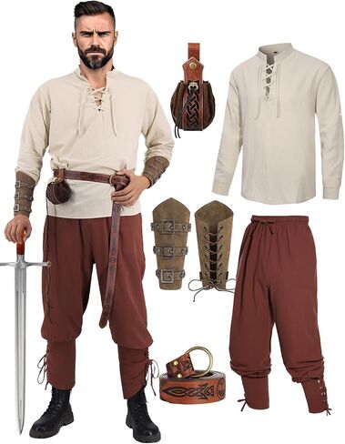 Medieval Costume Men Adult Renaissance Costume Set Viking Pirate Shirt Ankle Banded Pants with Arm Guard Belt Pouch in Saudi Arabia
