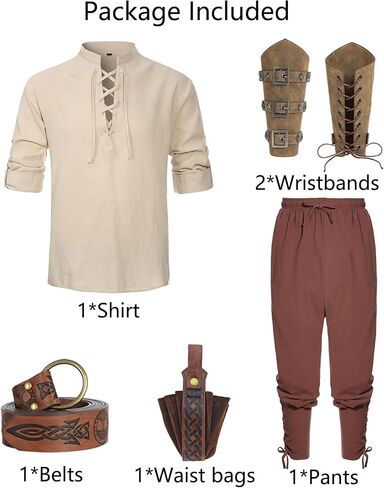 Medieval Costume Men Adult Renaissance Costume Set Viking Pirate Shirt Ankle Banded Pants with Arm Guard Belt Pouch in Saudi Arabia