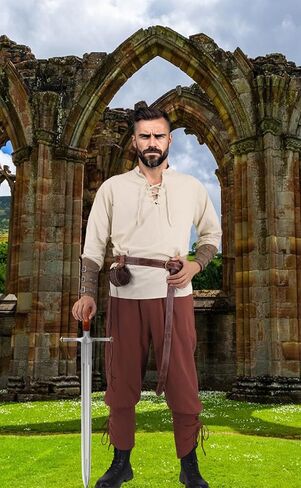 Medieval Costume Men Adult Renaissance Costume Set Viking Pirate Shirt Ankle Banded Pants with Arm Guard Belt Pouch in Saudi Arabia