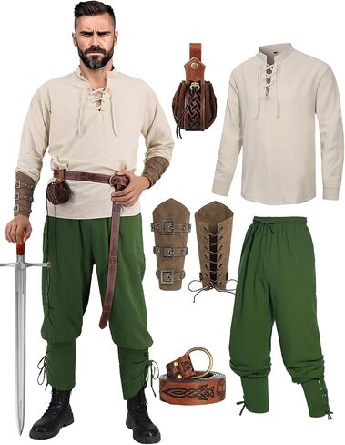 Medieval Costume Men Adult Renaissance Costume Set Viking Pirate Shirt Ankle Banded Pants with Arm Guard Belt Pouch in Saudi Arabia