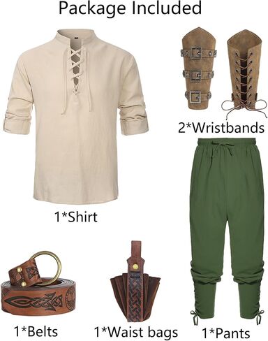 Medieval Costume Men Adult Renaissance Costume Set Viking Pirate Shirt Ankle Banded Pants with Arm Guard Belt Pouch in Saudi Arabia