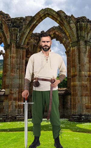 Medieval Costume Men Adult Renaissance Costume Set Viking Pirate Shirt Ankle Banded Pants with Arm Guard Belt Pouch in Saudi Arabia