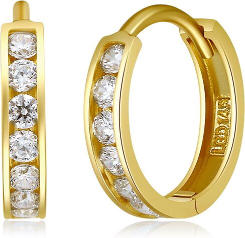 14k Yellow Gold 2mm Thickness CZ Channel Set Hoop Huggie Earrings (12 x 12 mm) - 3 Different Color Available in Saudi Arabia