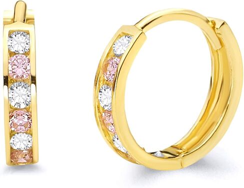 14K Gold Mold 2mm 2mm CZ Channel Set أقراط Hoop Huggie (12 × 12 مم) - 3 ألوان مختلفة متوفرة in Kuwait