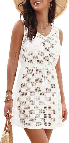 Lilbetter Womens Summer Crochet Coverups Hollow Out Bikini Cover Up Tank Swimsuits Mini Beachear Bress in Kuwait