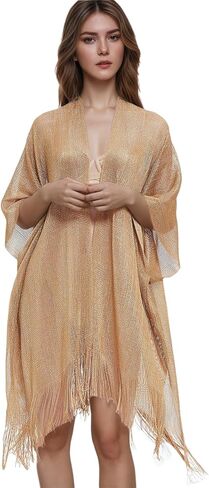 تغطية ملابس السباحة للنساء الشاطئ الصيفي تغطية الشبكة انظر من خلال تغطية Kimono UPS فستان الذهب حجم 6-12 in Kuwait
