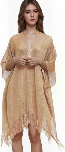 تغطية ملابس السباحة للنساء الشاطئ الصيفي تغطية الشبكة انظر من خلال تغطية Kimono UPS فستان الذهب حجم 6-12 in Kuwait