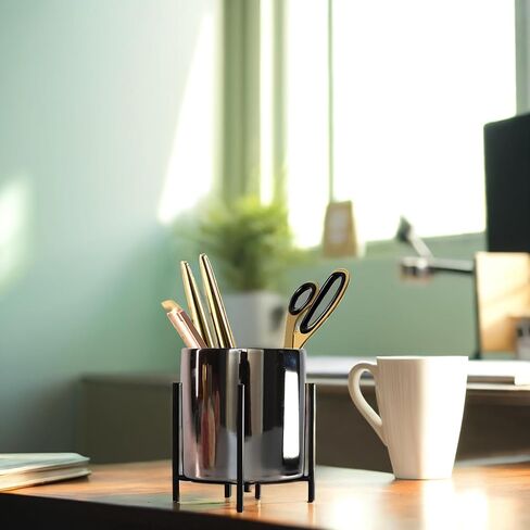 Sturdy Pen Holder Simple and elegant for Desk Matte Pencil Holder Ceramic Cute Desktop Organizer Brush Holder Cup (Black and Gold Plated) in Saudi Arabia