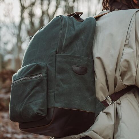 Canvas Leather Backpack, Waxed Canvas with Full-Grain Cowhide Trim, Vintage Style Daypack, Army Green (Forest Green) in Saudi Arabia