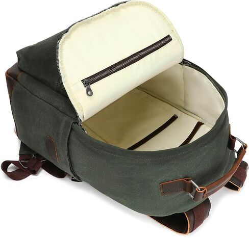 Canvas Leather Backpack, Waxed Canvas with Full-Grain Cowhide Trim, Vintage Style Daypack, Army Green (Forest Green) in Saudi Arabia