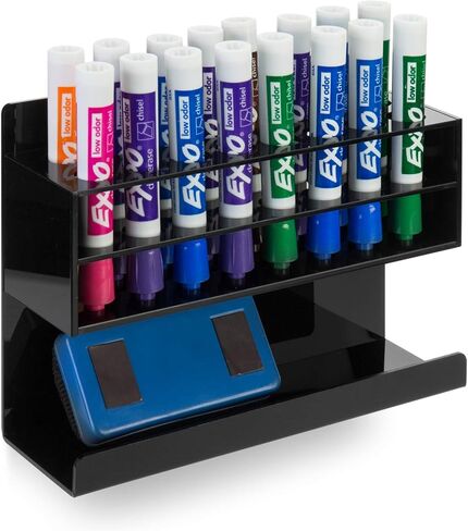 MyGift Black Premium Acrylic Dry Erase Marker Holder Rack, Wall Mounted Whiteboard Accessory with 10 Slots for Markers and Eraser Storage Tray for Home Office School Dorm Room in Saudi Arabia