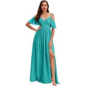Women’s V Neck Chiffon Bridesmaid Dresses 2025 Cold Shoulder Pleated Formal Evening Dress with Slit in Saudi Arabia