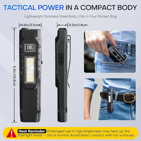 EDC Tactical Flashlight, Flat Flashlights Rechargeable,Dual-Switches LED Small Flashlight with Digital Display,Stainless Steel 8 Modes Pocket Flash Light for Home, Camping,and Emergency Use in Saudi Arabia