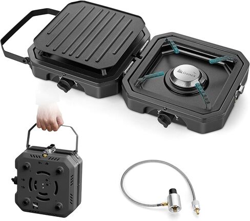 Gonex Camping Stove Propane, 2 Burner Portable Camp Stoves for Camping | 16,000 BTU, Two Piezo Ignition Adjustable Burners, Teflon Coated Griddle, Cast-iron Grates, Patio, Emergency, Hiking Use in Kuwait